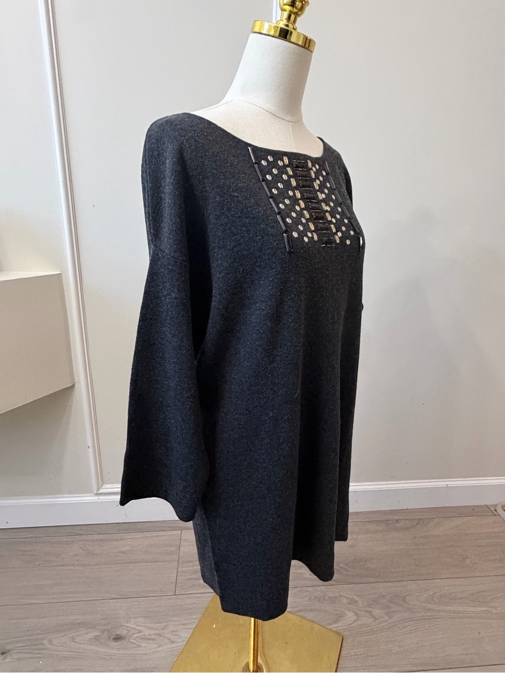 Adrienne Vittadini Dark Charcoal Embellished Long Sleeve Mini Dress - Picture 4 of 8